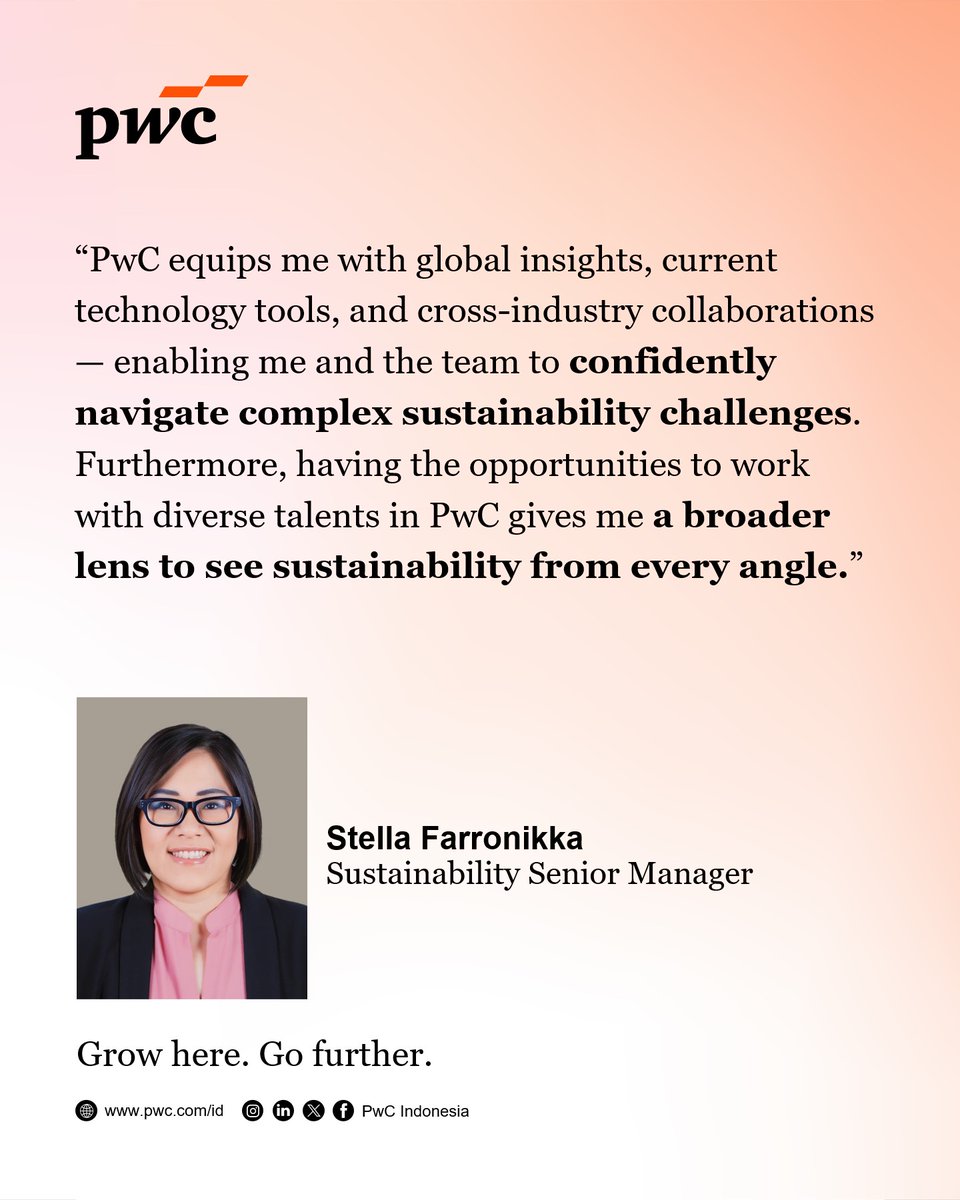 At PwC, we're emerging sustainability by anticipating trends and driving change. If you're passionate about shaping the future and making a positive impact, join us on this exciting journey! 🌱

Explore opportunities at pwc.com/id/careers 🌍✨

#PwCIndonesia #PeopleStory
