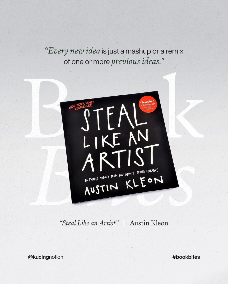 kucingnotion's tweet image. Creativity isn’t about being original, it’s about connecting the dots dengan cara yang unik. ✨ Buku How to Steal Like an Artist ngajarin kita bahwa ide bisa datang dari mana saja — tinggal bagaimana kita mengolahnya jadi sesuatu yang bermakna.