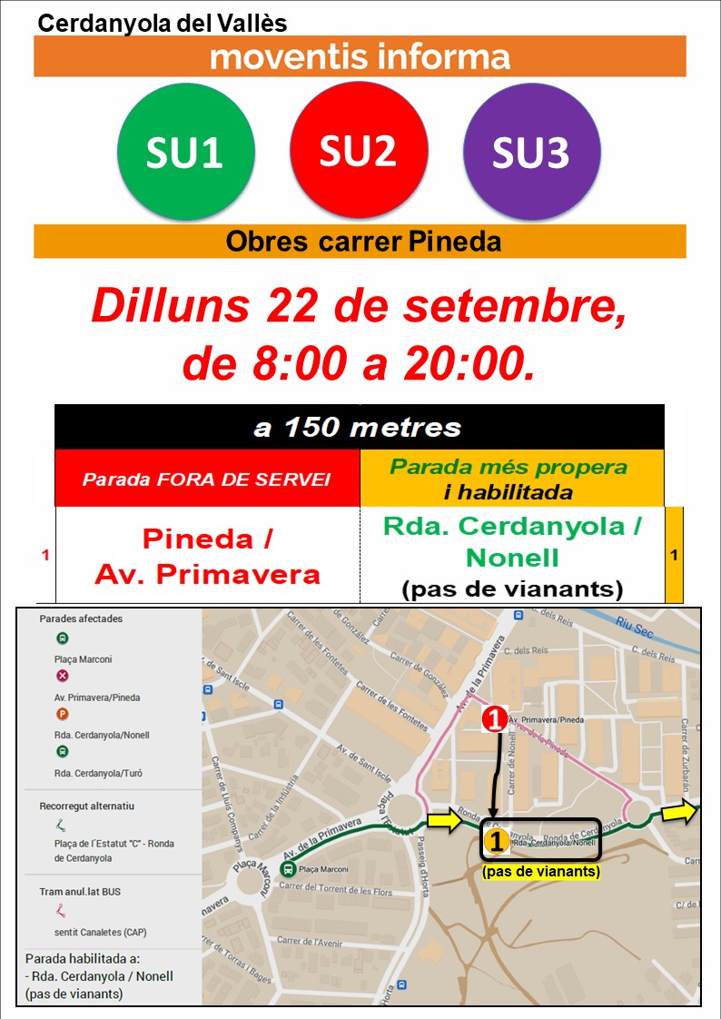 MoventisInfo's tweet photo. 🛑CERDANYOLA DEL VALLÈS
📆Avui, dilluns 22 de setembre, de 8:00h a 20:00h
🚍 #SU1 #SU2 #SU3 #Moventis_SARBUS
🚧carrer Pineda (obres)
📣🚏anul.lada i👉més propera habilitada:📌Rda. Cerdanyola/Nonell (pas de vianants) https://t.co/Nofi7d9sCJ

⚠️Preveieu desplaçaments antelació https://t.co/Jd520DJA8k