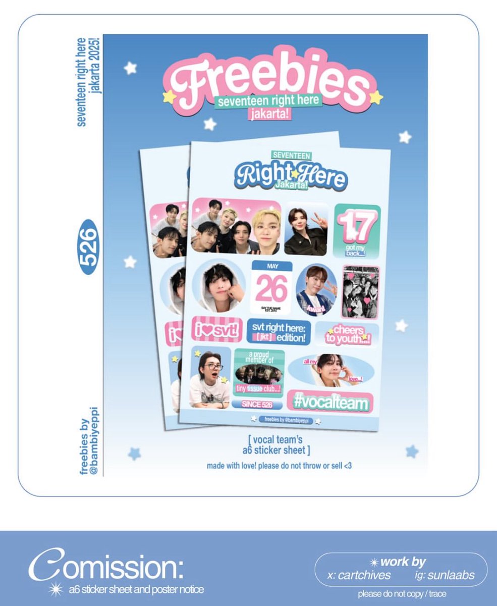 — commission work archive: 
a6 sticker sheet + poster notice 

2025 © sunlaabs • cartchives 
kindly do not copy / trace

★ tags:  #designcomission #jasadesain #kpop #poster #디자인 #디자인커미션 #kpopevent #fansupport #svt #seventeen
