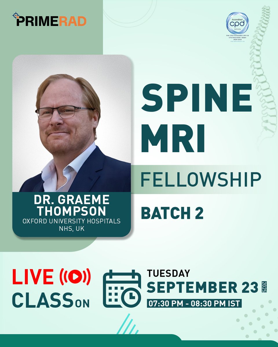 PrimeFellowship's tweet image. Unlock the Spine MRI Secrets with Dr. Graeme Thompson – Live!

Join our PrimeRad Spine MRI Fellowship (Batch 2) live session on 23 Sept, 7:30–8:30 PM IST

#PrimeRad #LiveClass #mskradiology #radiology #onlinelearning #medicaleducation #radiologyeducation #futureofradiology