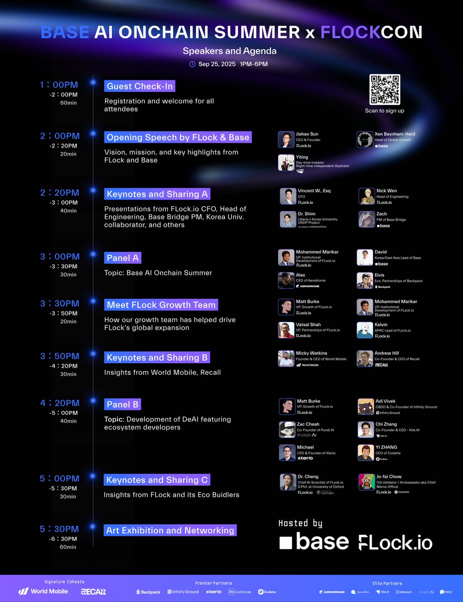 flock_io's tweet image. A few days left till Base AI Onchain Summer x FLockCON at KBW!

Get ready for an exciting lineup of speakers and topics that&apos;ll make the day a hit ↓

#FLockCON