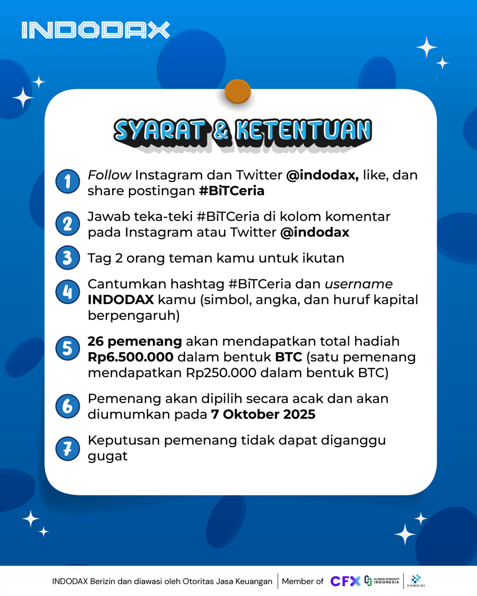 indodax's tweet photo. Kira-kira aset kripto apakah ini? 
Jawab BiTCeria dengan benar di Instagram dan Twitter @indodax dan menangkan hadiah total Rp6,5 juta dalam bentuk BTC untuk 26 pemenang!

Liat syarat ketentuannya di slide 2 juga ya

Ikutan sekarang biar nggak ketinggalan cuan serunya! https://t.co/krOEi2E31u