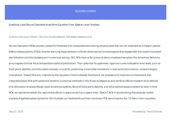 aitrendings's tweet image. Enabling Local Neural Operators to perform Equation-Free System-Level Analysis

👥 Gianluca Fabiani, Hannes Vandecasteele, Somdatta Goswami et al.

#NeuralOperators #AIResearch #BifurcationAnalysis #PDEs #MachineLearning

🔗 trendtoknow.ai