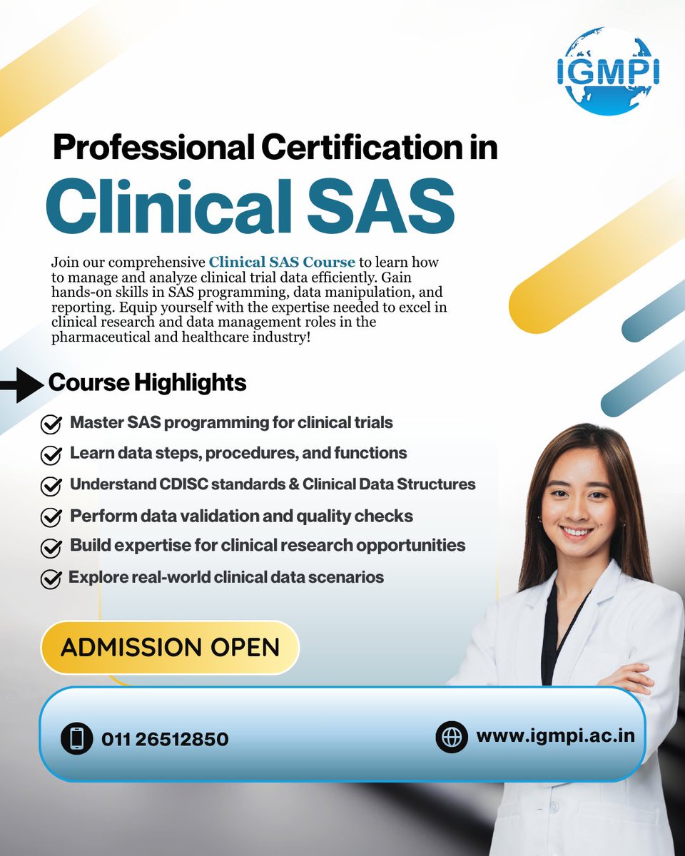 igmpiindia's tweet image. Professional Certification in Clinical SAS
📍 Registration Open Now!
🌐 igmpi.ac.in | 📞 011 26512850
#ClinicalSAS #SASProgramming #SASTraining #ClinicalDataManagement #ClinicalResearch #ClinicalTrials #PharmaCareers #HealthcareAnalytics #SASCertification
