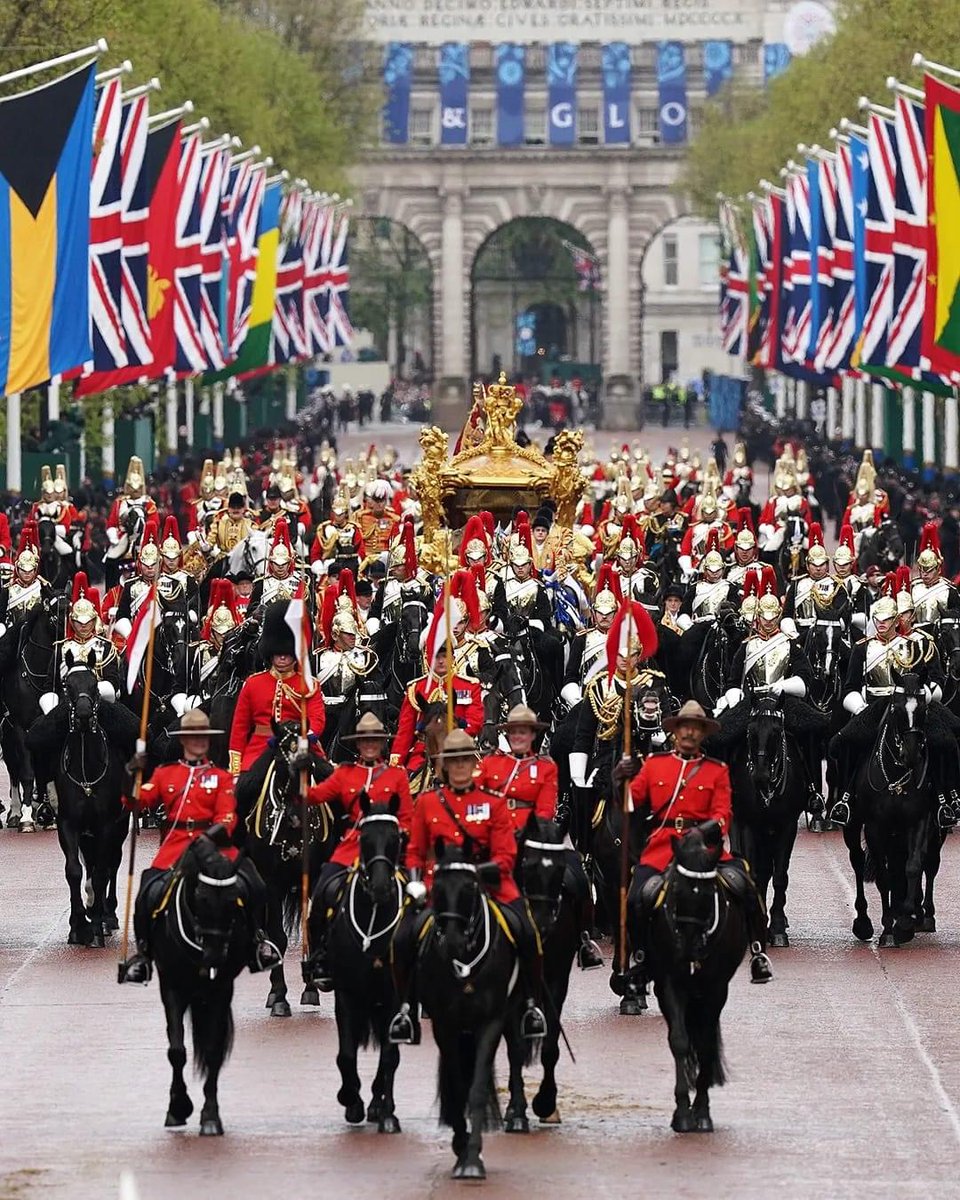 The Royal Canadian Mounted Police leading the Coronation procession of king Charles III in London.