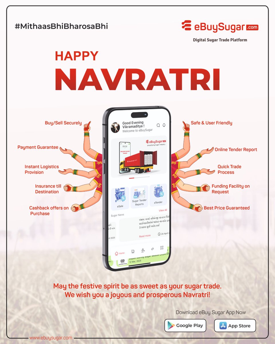 eBuySugar's tweet photo. This Navratri, experience the power of convenience, trust, and sweetness in every sugar trade! May your festive season be as prosperous as your business with eBuySugar.

#HappyNavratri #MithaasBhiBharosaBhi #SweetTraditions #FestiveSeason #eBuySugar https://t.co/blDCs9uzWK