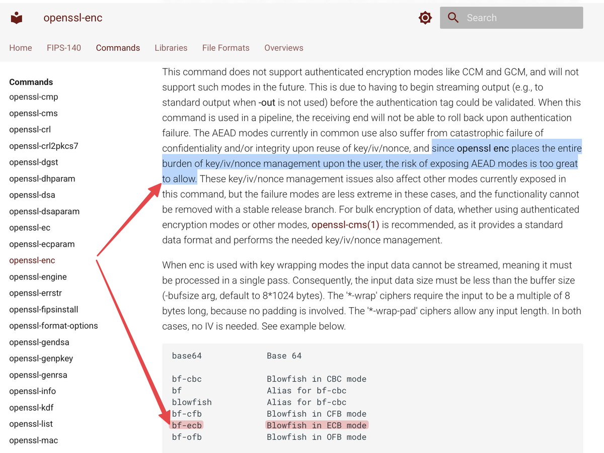 rkiyanchuk's tweet image. I find it absurd and hypocritical that #OpenSSL still refuses to provide authenticated encryption modes due to nonce reuse threat, but feels fine exposing ECB mode.