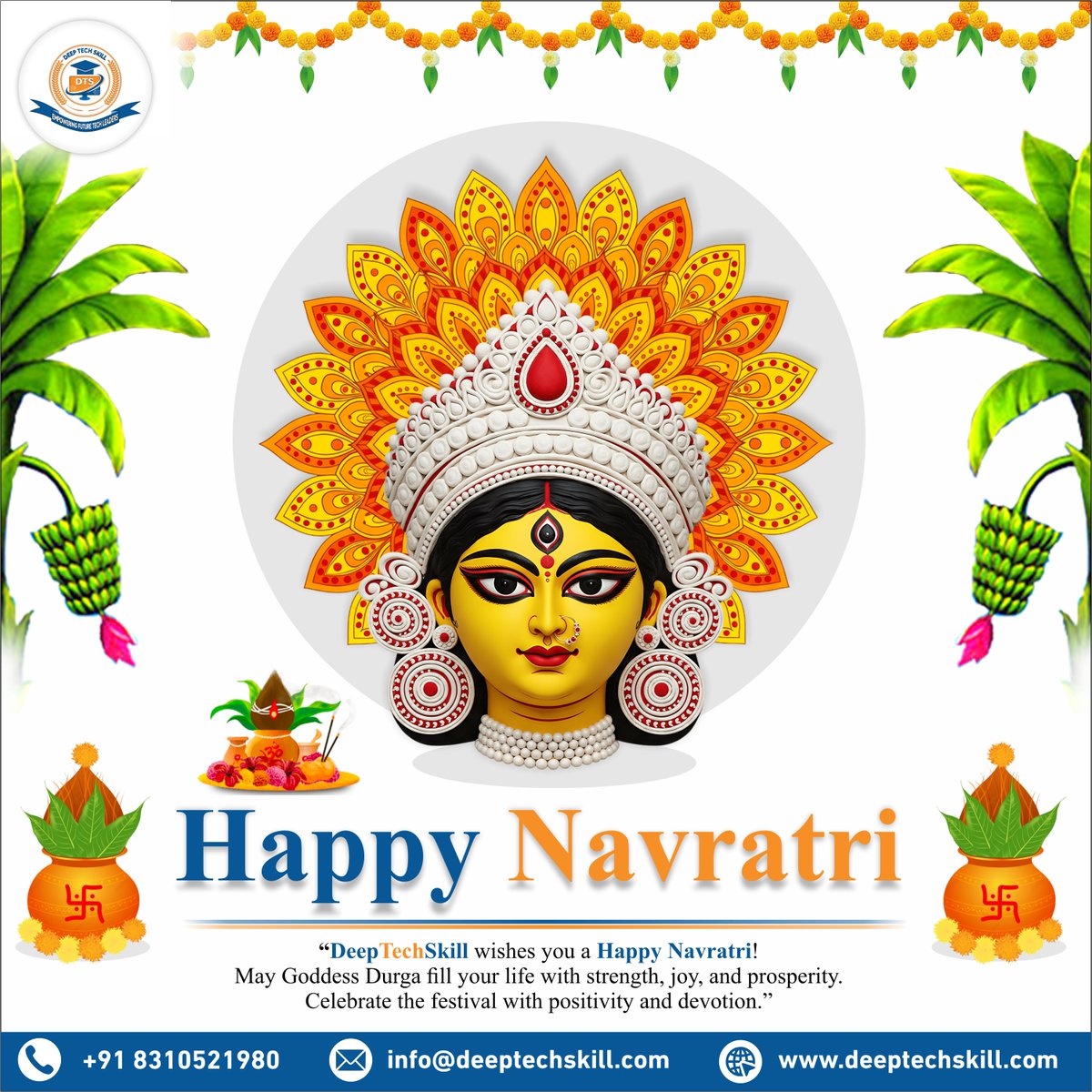 DeepTechSkill's tweet image. ✨🙏 Happy Navratri! 🙏✨
DeepTechSkill wishes you joy, strength, and prosperity this festive season.
May Goddess Durga bless your life with positivity, devotion, and success. 🌸💫
🔹 Celebrate with strength & devotion
🔹 Embrace positivity & new beginnings
#HappyNavratri