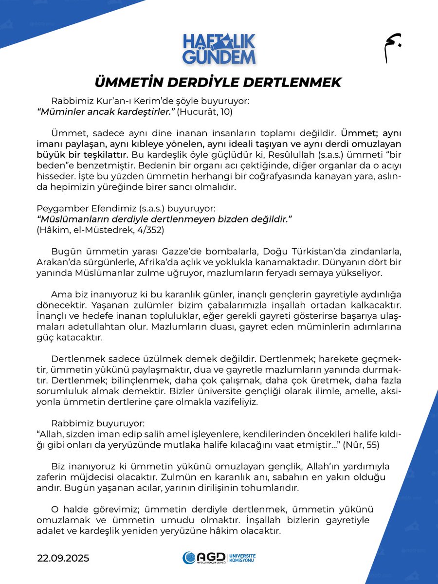 📌Haftalık Gündem | Ümmetin Derdiyle Dertlenmek
22.09.2025