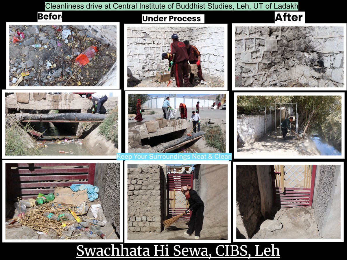 cibsladakh's tweet photo. The Central Institute of Buddhist Studies,Leh, organized the Swachhata Hi Seva Campaign 2025 on 20th Sept 2025.All staff members and students  actively participated in the campaign,carrying out a cleanliness drive within the campus and in the surrounding areas.
@MinOfCultureGoI https://t.co/tBmB1xBBAw