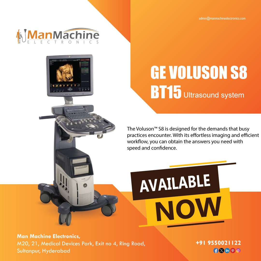 GE Voluson S8 BT15 ultrasound machine is available for sale at Man Machine Electronics

For more details call us at +91 9550021122
view our website @ manmachineelectronics.com

#GEVolusonS8 #UltrasoundMachine #MedicalEquipment #ManMachineElectronics #UltrasoundForSale #VolusonS8
