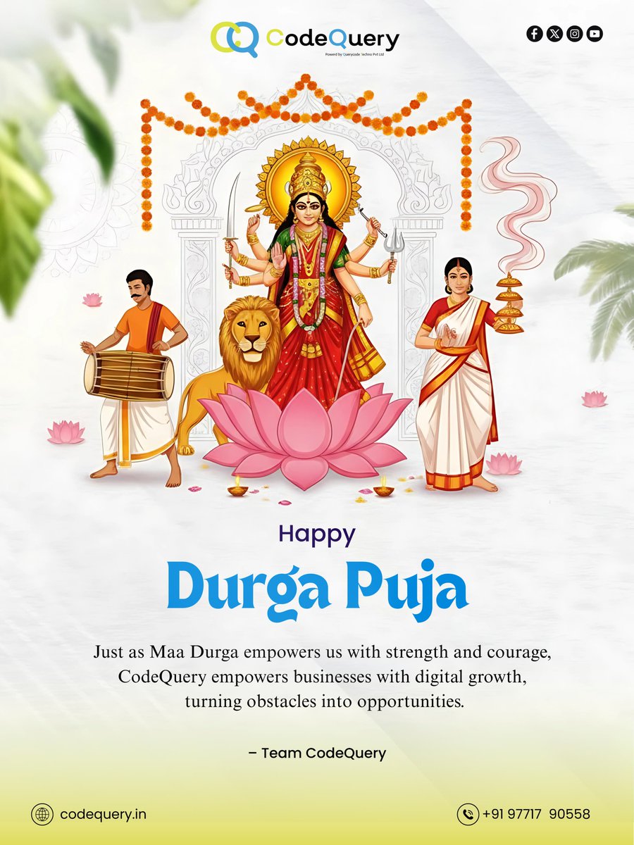 Codequery_'s tweet image. 🌸✨ Happy Durga Puja! ✨🌸

As Maa Durga blesses us with strength, courage, and prosperity, may this festive season bring new beginnings and success to all.
.
.
.
.
.
#HappyDurgaPuja #MaaDurgaBlessings #CodeQuery #DigitalGrowth
