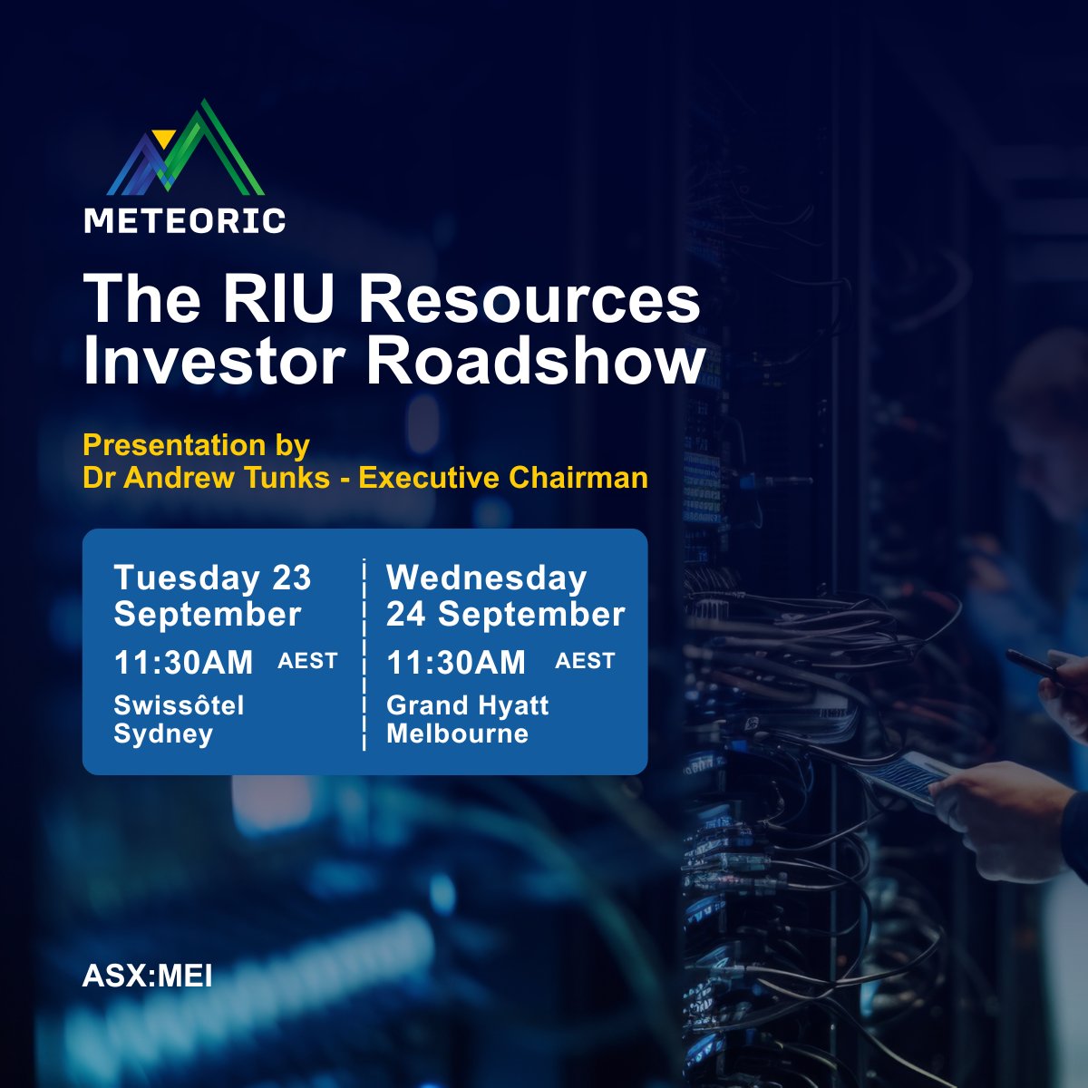 Our Exec Chairman, Andrew Tunks, will present at the RIU Resources Investor Roadshow in Sydney tomorrow and Melbourne on Wednesday. Discover more about our Caldeira Project in Brazil.

Register: bit.ly/4gCMAGj

$MEI #MeteoricResources
