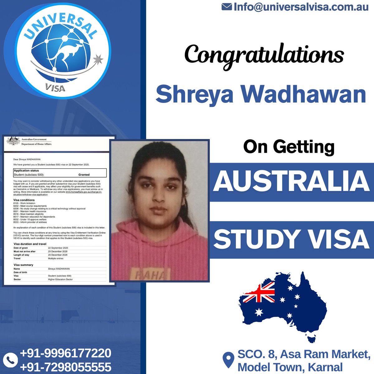 universalvisa11's tweet photo. 𝐎𝐍𝐄 𝐌𝐎𝐑𝐄 𝐀𝐔𝐒𝐓𝐑𝐀𝐋𝐈𝐀 𝐒𝐓𝐔𝐃𝐘 𝐕𝐈𝐒𝐀🇦🇺🇦🇺🇦🇺🇦🇺🥳🥳

Congratulations To Our Client On Getting "AUSTRALIA STUDY VISA🇦🇺🇦🇺". We Wish You Good Luck For Your Future. 

If You Also Want To Study/Settle/Work in AUSTRALIA, Then Contact Us Today @universalvisa https://t.co/Hq3qq4Iyjk