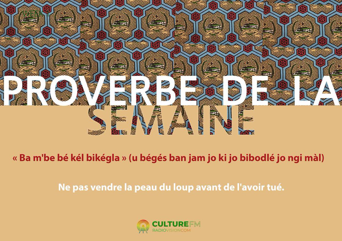 Le proverbe de la semaine  nous rappelle de ne pas vendre la peau de l'ours avant de l'avoir tué ! 😉

N'est-ce pas une excellente leçon de vie pour rester ancré dans le présent et ne pas se précipiter ?

#ProverbeDeLaSemaine #Sagesse #Réflexion #Patience #Eséka #CultureFm