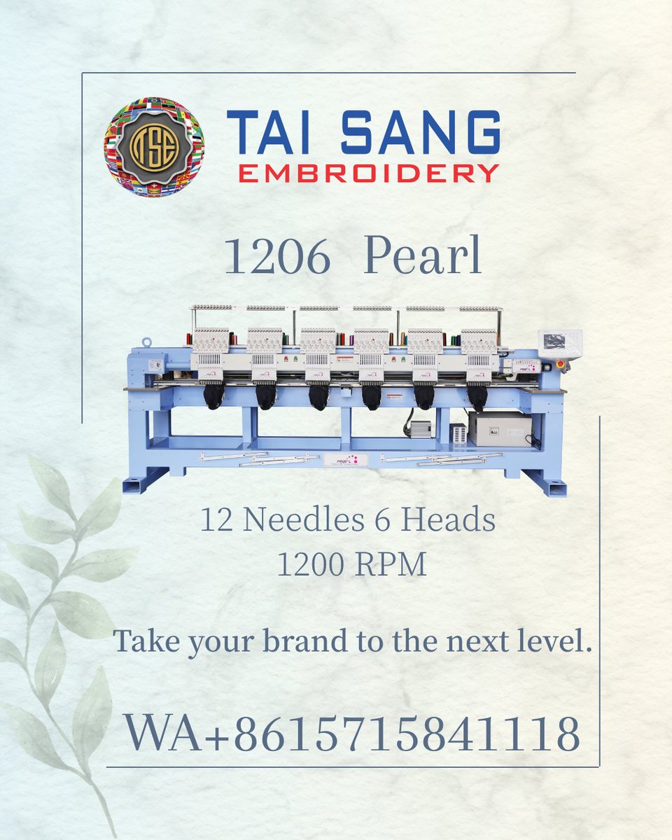 TaiSangCN's tweet image. 🚀 PEARL 1206
12 Needles • 6 Heads • 1200 RPM
High speed, high output — the perfect machine to take your brand to the next level.
💼 More production. More precision. More success.
wa.me/8615715841118
#Pearl1206 #EmbroideryMachine #HighProduction #FashionBrandTools