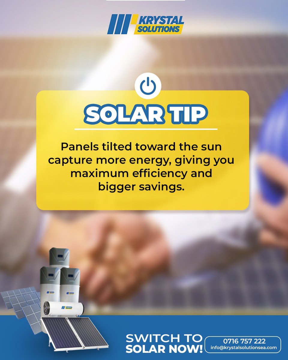 KrystalSolarEA's tweet image. Solar Tip of the Day: Angle your solar panels correctly! ☀️
#KrystalSolutionsEA #SolarTips #SolarPower #CleanEnergy #SolarEfficiency #SustainableLiving #GoSolar