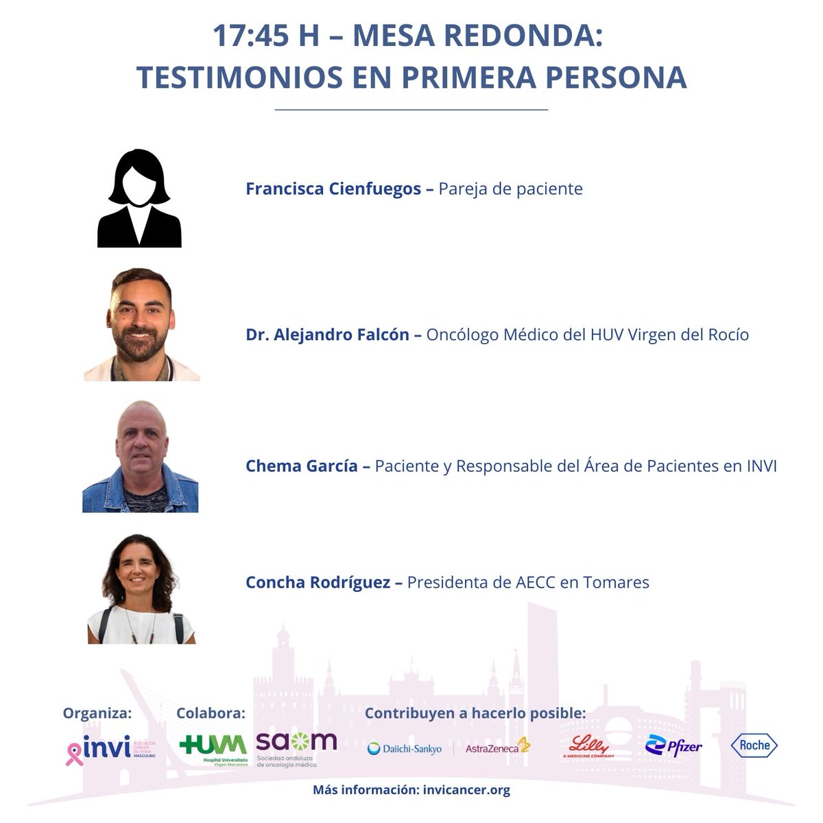 #JornadaINVI | Sevilla, 1 de octubre
🕔 17:45 h – Mesa redonda: Testimonios en primera persona

Dar voz a pacientes y entorno es clave para visibilizar el cáncer de mama masculino.

📍 HUV Macarena
📝 Inscripción: forms.gle/xbr9vWUr48PY4X…

🩵 #HacemosVisibleLoInvisible