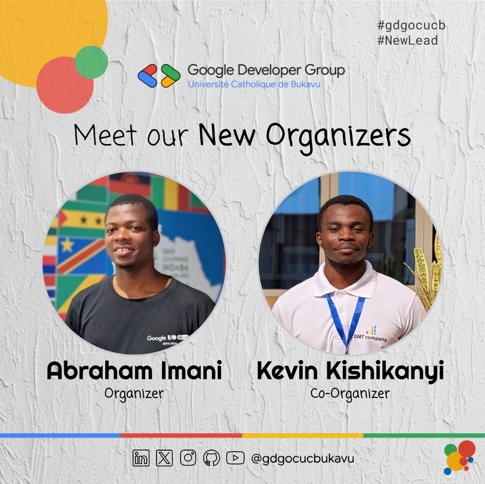 ✨ 𝐍𝐞𝐰 𝐎𝐫𝐠𝐚𝐧𝐢𝐳𝐞𝐫s - 𝐀𝐧𝐧𝐨𝐮𝐧𝐜𝐞𝐦𝐞𝐧𝐭! 🎉

Notre nouveau Lead, <a href="/imanibahati0/">Abraham Imani Bahati</a>, sera secondé dans ses fonctions par <a href="/kevinkish117/">Kevin KISHIKANYI💙👨🏾‍💻</a>!

𝑩𝒐𝒏 𝒗𝒆𝒏𝒕, 𝒄𝒉𝒆𝒓𝒔 𝑳𝒆𝒂𝒅𝒔! 🎊

#gdgocucb #newlead #leadership #leader #community

🔵🟡🔴🟢