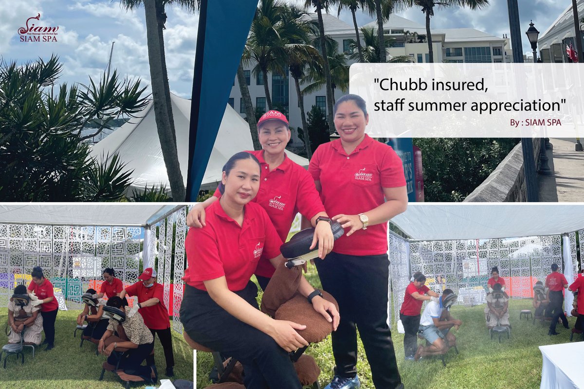 "Chubb insured, staff summer appreciation"

Siam Spa would like to thank Chubb Insurance for allowing us to participate in the event and provide happiness and relaxation to the amazing individuals that make Chubb the success it is.

More Details : siamspabermuda.com/page/id/siam-s…