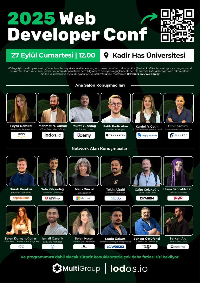 27 Eylül Web Developer Conference konuşmacıları duyuruldu ve inanılmaz heyecan verici gözüküyor!

Tanışmak için sabırsızlandığım oldukça fazla konuşmacı bu yıl bizlerle 🎉

Kaçırmayın, gelin birlikte tanışalım 👀

#webdevconf
