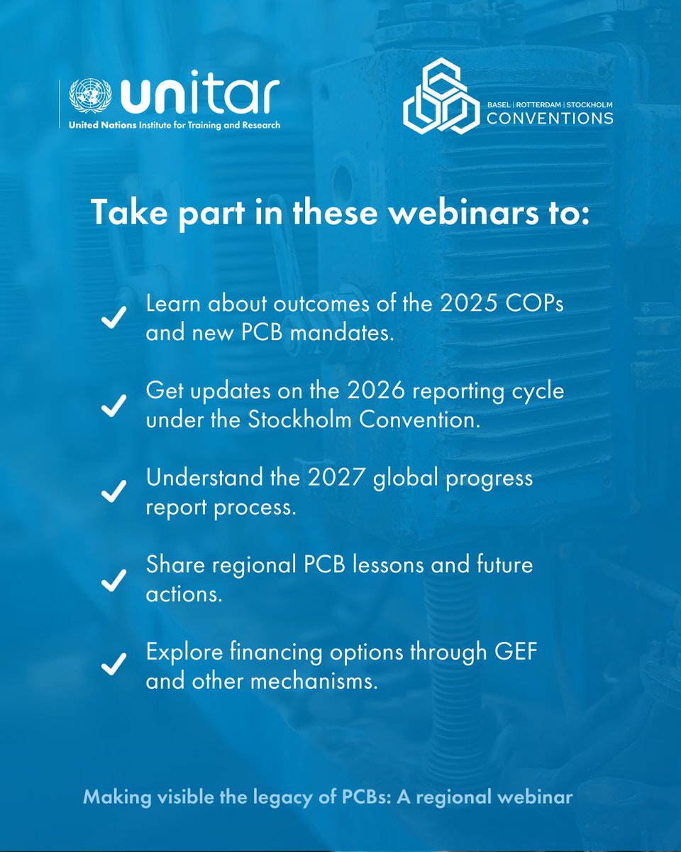 UNITAR's tweet image. Join our regional webinar for Asia: Making Visible the Legacy of PCBs.

🗓️ 30 September

🕚 2 p.m. - 4 p.m. GMT+8 | 8 a.m. - 10 a.m. CET

📍 Online | English 

Register here ➡️ f.mtr.cool/zexowznbpx

#PCBs #BRSConventions #StockholmConvention #UNITAR #BRSSecretariat