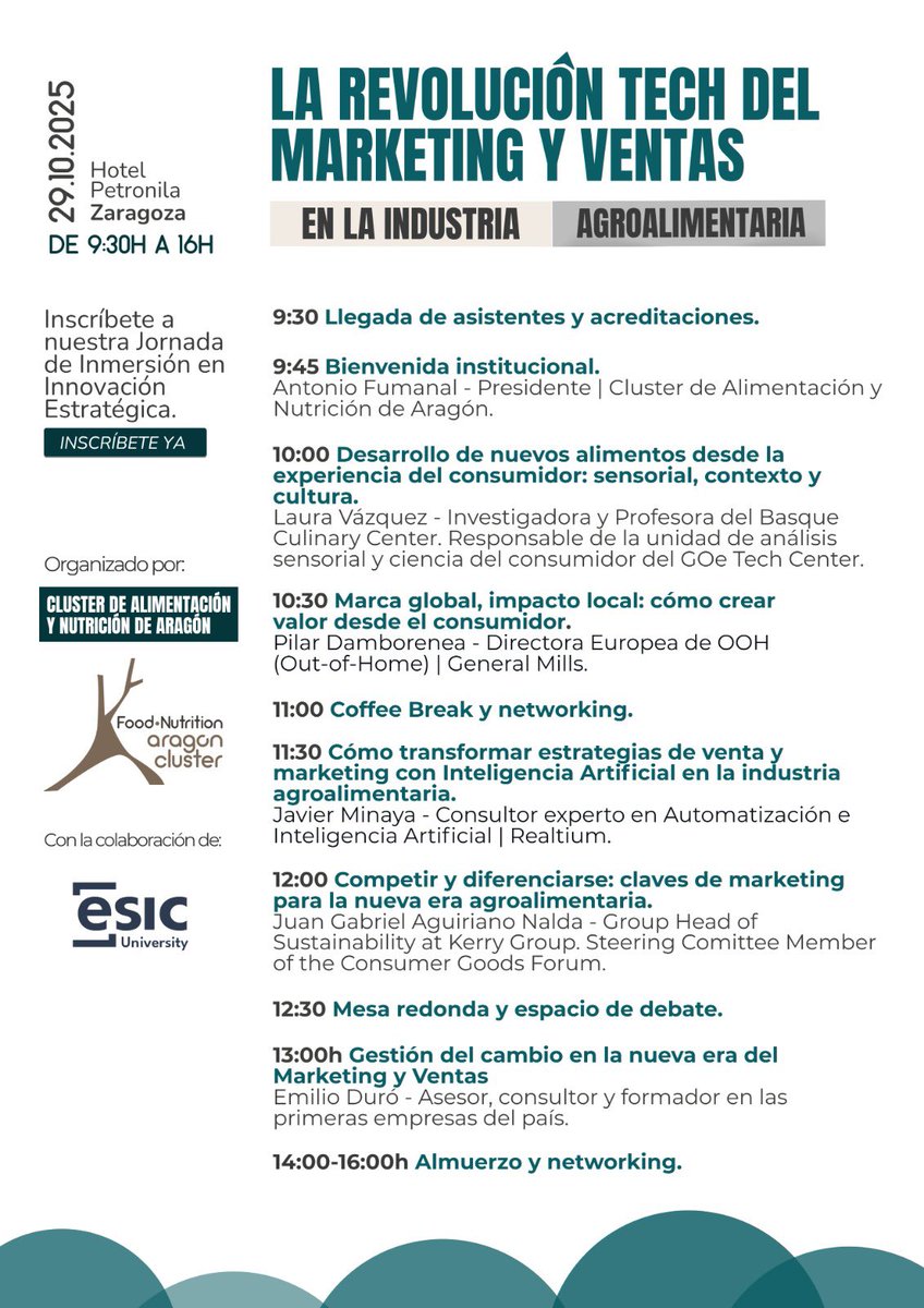 📅 El 29 de octubre llega la Jornada de Inmersión en Innovación Estratégica 2025:

La revolución tech del marketing y ventas en agroalimentación

Con ponentes top de referencia nacional y e internacional. 

🤝 Con la colaboración de @ESICbusiness

🔗 forms.office.com/e/H0pSBFQs8A