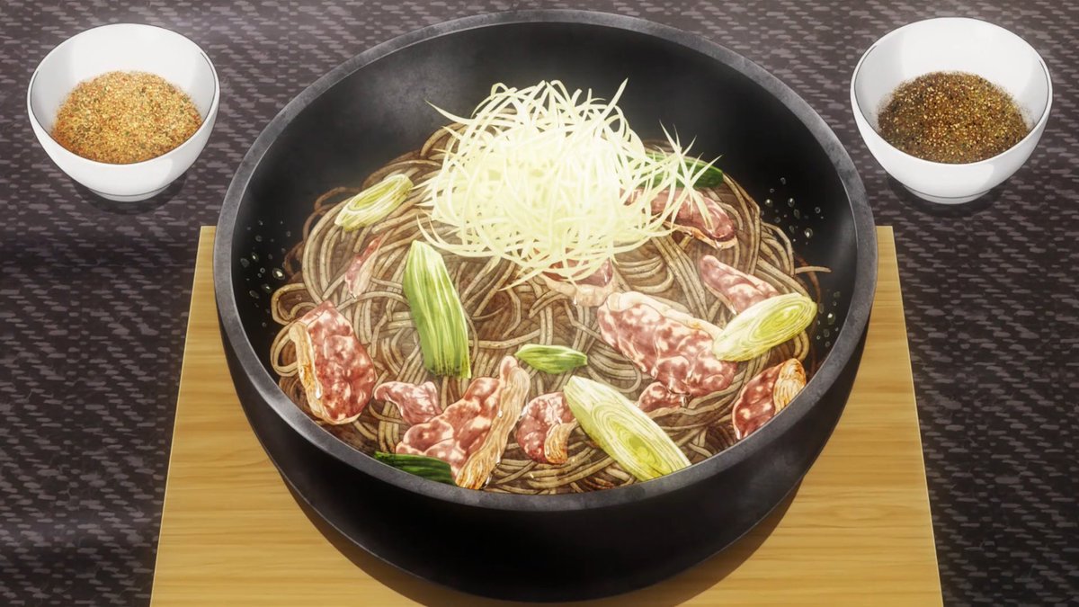 CulinaryEchelon's tweet photo. His own twist on barley soba, Yukihira-Style Yaki Soba with duck breast and soba noodles made from thrice milled buckwheat flour! Garnished with shredded scallion, and toasted sesame seeds as a condiment, for @secretaryshion. https://t.co/nKZPRvppD0