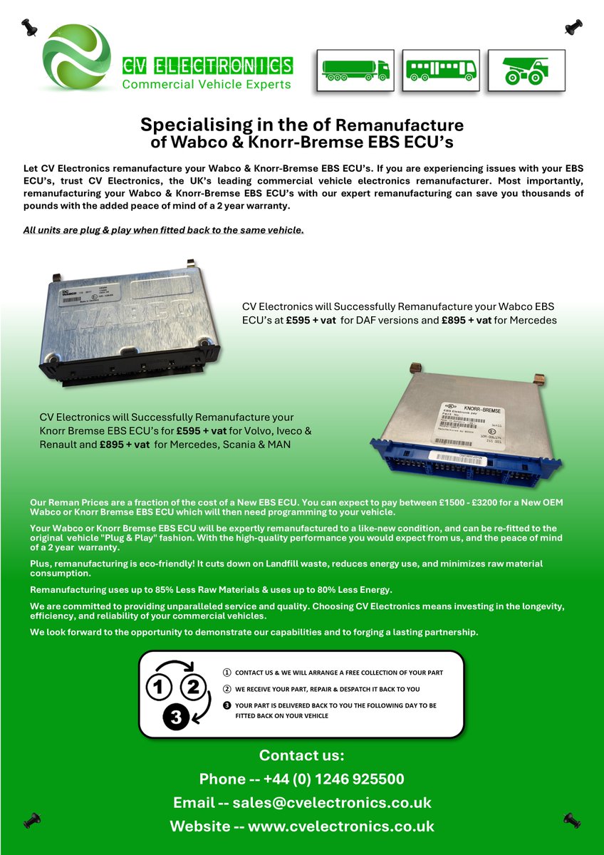 cvelectronics's tweet image. In today&apos;s fast-moving world, efficiency matters more than ever.

That’s why smart Fleet Operators are choosing CV Electronics to remanufacture their Knorr Bremse &amp;amp; Wabco EBS ECU&apos;s.

Fitted to Mercedes, DAF, MAN, Scania, Iveco, Volvo &amp;amp; Renault.

CV Electronics will Successfully…