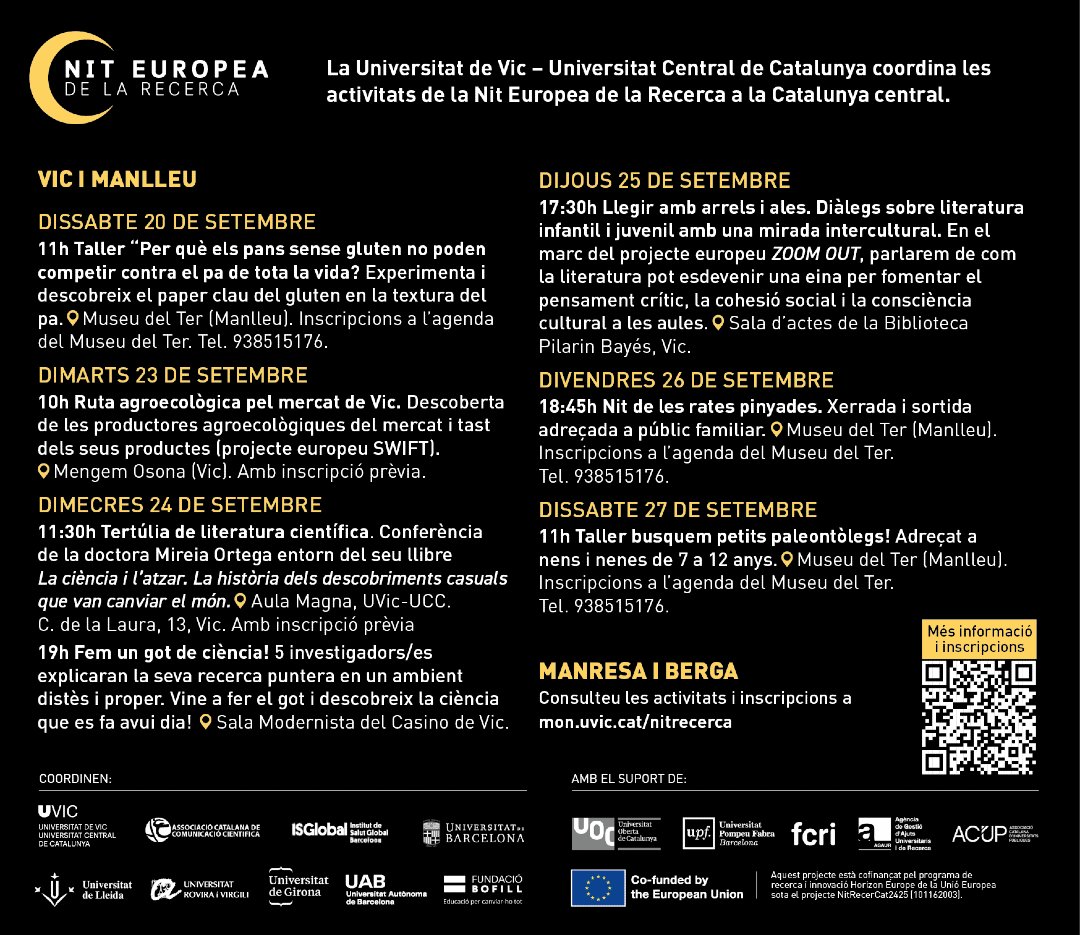 Agenda📝| Conferència: La ciència i l’atzar. La història dels descobriments casuals que van canviar el món.  #NitRecerCAT #NitRecerCAT25

📅 24.09
🕑 11.30 h
📍 Aula Magna, UVic-UCC

👉 Més informació! shorturl.at/abpdg