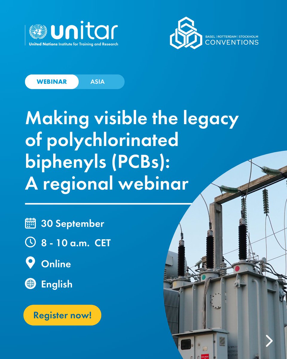 UNITAR's tweet image. Join our regional webinar for Asia: Making Visible the Legacy of PCBs.

🗓️ 30 September

🕚 2 p.m. - 4 p.m. GMT+8 | 8 a.m. - 10 a.m. CET

📍 Online | English 

Register here ➡️ f.mtr.cool/zexowznbpx

#PCBs #BRSConventions #StockholmConvention #UNITAR #BRSSecretariat