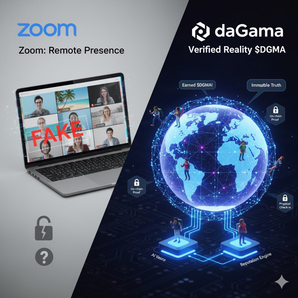 Ceejay_Nwankwo's tweet image. Zoom made it easy to appear anywhere.
@dagama_world makes it provable that you were actually there.
Explorers earn $DGMA token for on-chain proofs of presence, creating a People’s Map where reality can’t be faked. Truth isn’t a video feed, it’s cryptographic evidence.
#Arbitrum