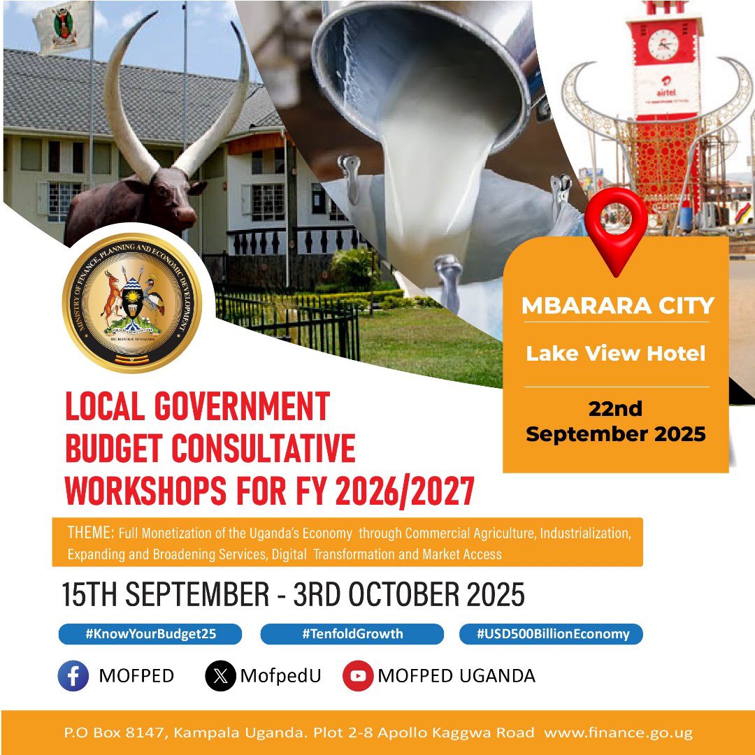 GCICUganda's tweet photo. Week two of the Local Government Budget Consultative Workshops for FY 2026/27 head to Mbarara City today, September 22, 2025.

Under the theme “Full Monetization of Uganda’s Economy through Commercial Agriculture, Industrialization, Services Expansion, Digital Transformation & Market Access”, the consultations seek to shape a people-centered, inclusive national budget. #KnowYourBudget25 #OpenGovUg #USD500BillionEconomy #TenFoldGrowth