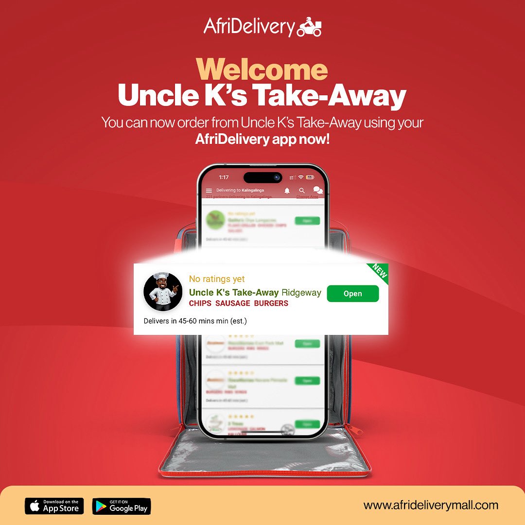 Beat the Monday blues with something tasty! 🍔🍟 Uncle K’s Take-Away is now on AfriDelivery — order your favorite comfort food and turn your Monday around in just a few taps.