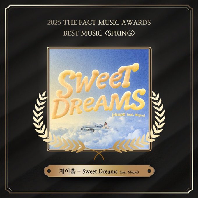 rize07addict's tweet photo. #JHOPE has officially won The Best Music [Spring] Category at the 2025 Fact Music Awards with "Sweet  Dreams (Feat. Miguel)"!!

This becomes #JHOPE's first win as a Soloist in The Fact Music Awards!!

SWEET DREAMS WIN AT TMA 2025
CONGRATULATIONS J-HOPE
#TMABestMusicWinner_jhope 
#jhope_SweetDreams