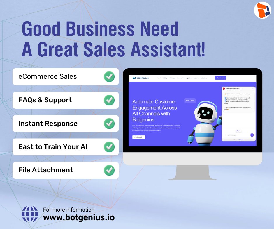 Stop letting simple queries steal time from your sales team.

Our AI chatbot handles customer questions (both simple &amp; complex) 24/7, so your team can focus on one thing: closing deals.

Boost your efficiency instantly. See how: botgenius.io

#AI #Chatbot #Sales