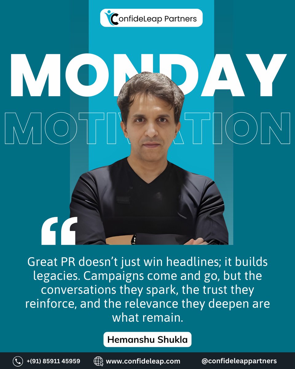 confideleapnews's tweet image. Elevate your week with purposeful PR! 🚀
Headlines fade, but authentic conversations and lasting trust build true legacies.

#MondayMotivation #PRWisdom #ConfideLeapPartners