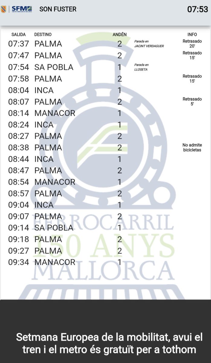 Bona setmana de la mobilitat, encara que avui sigui gratuït anar amb el transport públic (avui tampoc pagaran els guiris), tenim retards de 20 minuts.

Gràcies <a href="/sferroviarism/">SFM</a>! <a href="/goib/">Govern de les Illes Balears</a>
<a href="/MargaProhens/">Marga Prohens</a>
<a href="/dbalears/">Diari de Balears</a> <a href="/arabalears/">Diari ARA Balears</a> <a href="/diariomallorca/">Diario de Mallorca</a> <a href="/UHmallorca/">Ultima Hora Mallorca</a> <a href="/SERmallorca/">SERmallorca</a> <a href="/OCRMallorca/">Onda Cero Mallorca</a>