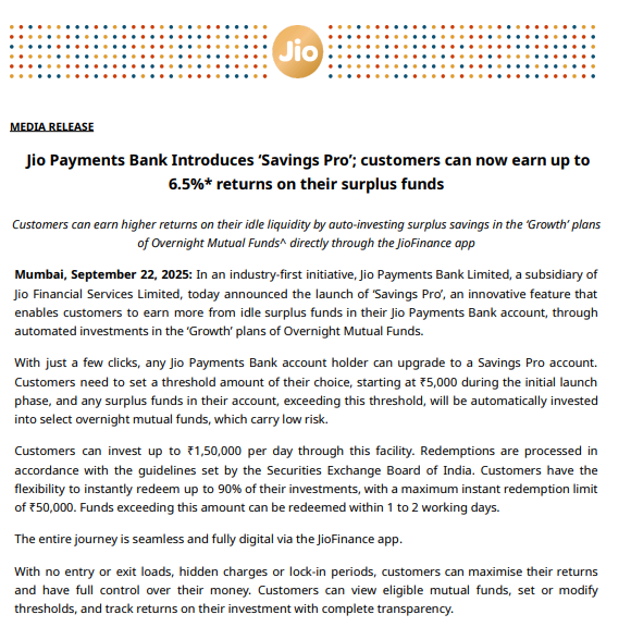 IndianStockEco's tweet image. 🚨Jio Financial Services:
👉#JioPaymentsBank Introduces ‘Savings Pro’; customers can now earn up to 6.5%* returns on their surplus funds
#JioFinancialServices #Jio #StocksInFocus #StocksToWatch #stockmarketsindia #Nifty #IndianStockEco