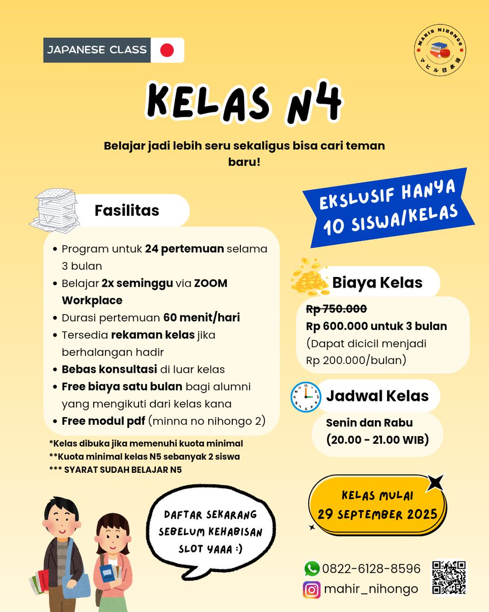 mahir_nihongo's tweet photo. Kelas Bahasa Jepang Online Bersama Mahir Nihongo
Kelas yang tersedia :

🔴 Kelas Kana
🟡 Kelas Reguler
🟢 Kelas Privat
🔵 Kelas Intensif

#mahirnihongo
#bahasajepang
#kelasbahasajepang
#belajarbahasajepang
#japaneseonlinecourse
#kursusonlinebahasajepang 
#privatbahasajepang https://t.co/N1tcndkBoa