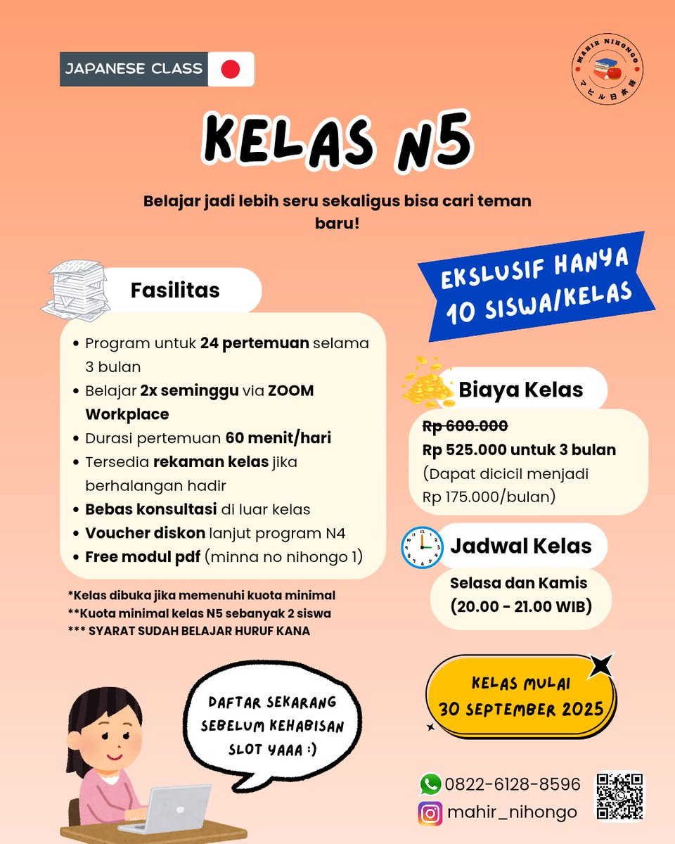 mahir_nihongo's tweet photo. Kelas Bahasa Jepang Online Bersama Mahir Nihongo
Kelas yang tersedia :

🔴 Kelas Kana
🟡 Kelas Reguler
🟢 Kelas Privat
🔵 Kelas Intensif

#mahirnihongo
#bahasajepang
#kelasbahasajepang
#belajarbahasajepang
#japaneseonlinecourse
#kursusonlinebahasajepang 
#privatbahasajepang https://t.co/N1tcndkBoa