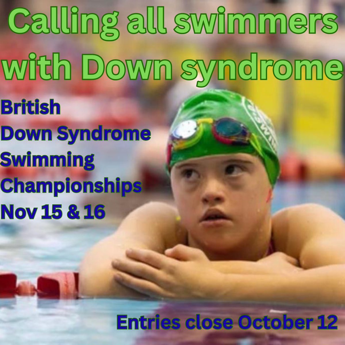 Entries to the British Down Syndrome Swimming Championships are now open

👉 November 15 &amp; 16
👉 K2 Crawley
👉 10yrs &amp; up
👉 All usual strokes &amp; distances
👉 Plus 25m events for novices
👉 All info + FAQs at dss-gb.org/sign-up/

Entries close 12 October

Please share