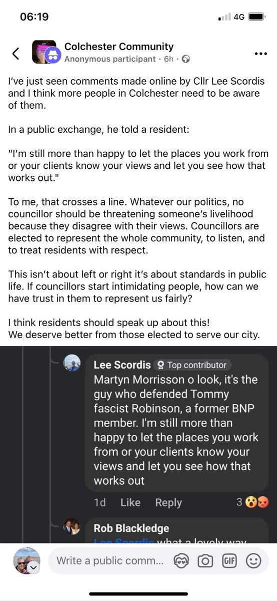 ColchesterCoven's tweet photo. Why is Labour Colchester and  @Essex_CC  councillor @LScordis threatening peoples livelihood? 
@SpeechUnion @JournoJones05 
@GBNEWS hasn’t he been your guest a few times? https://t.co/KfNxAwXVsh