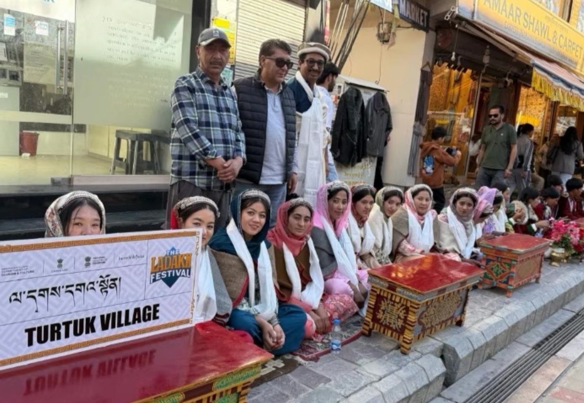 A women's cultural group from Turtuk Village is showing their traditional Balti attire and heritage at the Ladakh Festival 2025.