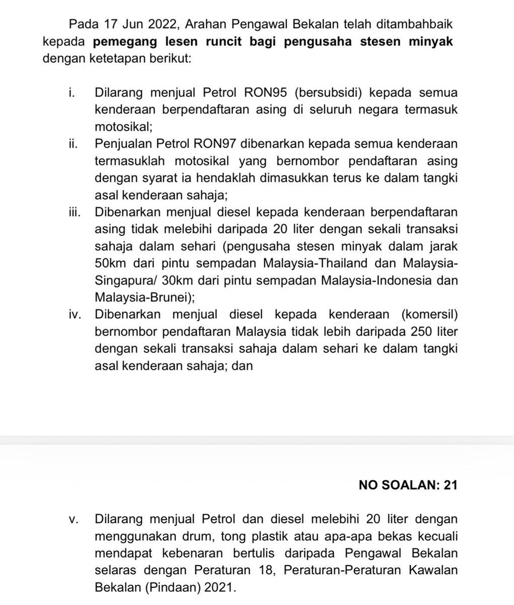 Singaporeans atau warga asing lain masih tak boleh isi RON95 kalau pakai kenderaan nombor plate luar negara. Boleh isi RON97 sahaja.

Kalau pakai kenderaan nombor plate Malaysia; boleh isi RON95 tapi pada harga tidak bersubsidi RM2.60 seliter. 

Keep on goncang.