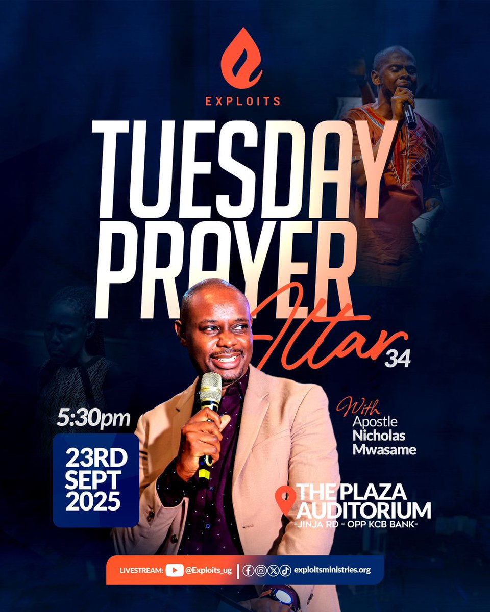 exploitsug's tweet image. A blessed new week, brethren! 
We are excited to have you join us tomorrow for this week&apos;s Tuesday Prayer Altar with Apostle @NicholasMwasame.

⏰ 5:30PM
📍The Plaza Auditorium, Jinja Road (opp. KCB Bank)

Bring your faith and bring a friend - see you there! 

#exploits