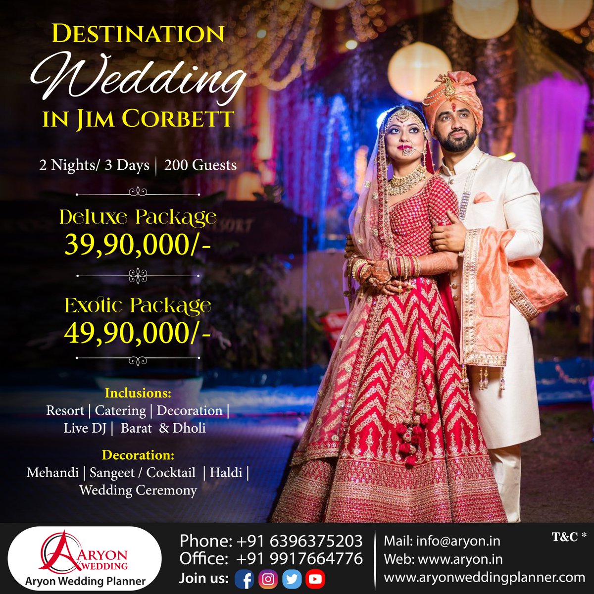 AryonWedding's tweet photo. Destination Wedding in Jim Corbett
200 Guest for 2 Nights/ 3 Days
Deluxe Package: 39,90,000/-
Exotic Package: 49,90,000/-
Aryon Wedding Planner 
Phone: 91-6396375203 &amp; Office: +91-9917664776 
Mail: info@aryon.in https://t.co/3zJXKANDhx
Facebook: https://t.co/hEDseePrUw https://t.co/sZeYcmOAO7