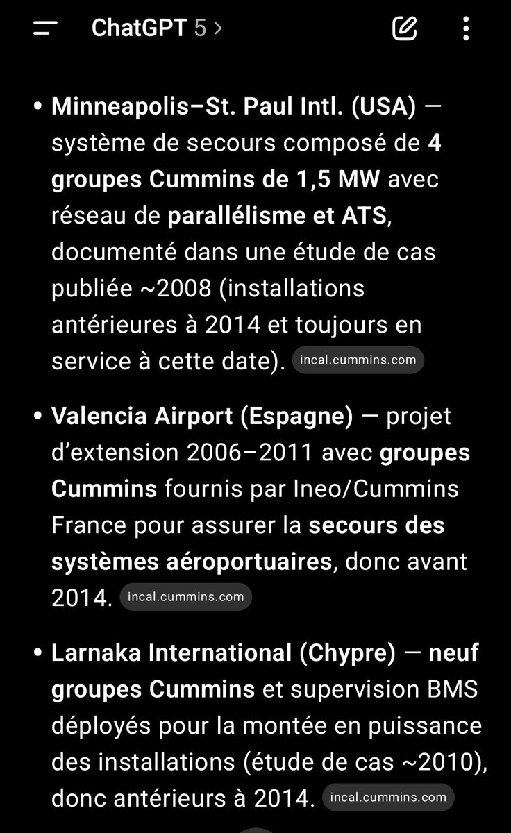 LitsaniChoukran's tweet photo. Non Prof.! Non! Des aéroports à travers les monde fonctionnent avec des groupes datant d'avant 2014: Minneapolis–St. Paul Intl., Valencia Airport, Larnaka International, O’Hare Intl. (Chicago), Tulsa Intl., Columbia Metropolitan. (Il suffit d'une petite recherche, voir les captures ci-jointes). 

Un équipement datant de 2014 ne peut pas raisonnablement être considéré comme obsolète seulement neuf ans plus tard. C’est techniquement incohérent. Les relais et capteurs d’un système ATS (Automatic Transfer Switch) sont conçus pour durer jusqu’à vingt-cinq ans, à condition qu’ils soient correctement entretenus.

Il ne s’agit donc pas d’une question d’âge, mais avant tout de maintenance et de rigueur de suivi. Chercher à qualifier prématurément l’équipement d’obsolète peut donner l’impression que l’objectif est davantage financier que technique, en incitant à un remplacement injustifié.

La vraie question est ailleurs :

Quel programme d’entretien a été mis en place depuis 2014 ?

Quel est le bilan de gestion de cet équipement (pannes, réparations, suivis documentés) ?

Quelles sont les responsabilités en matière de suivi technique et organisationnel ?

Il n'y a obsolescence, il faut  analyser pourquoi on en est arrivé à cette situation et si le problème relève réellement de la technologie… ou d’un manque de gestion sérieuse. Trchnologiquement, les equipes de 2010 fonctionnent ailleurs.