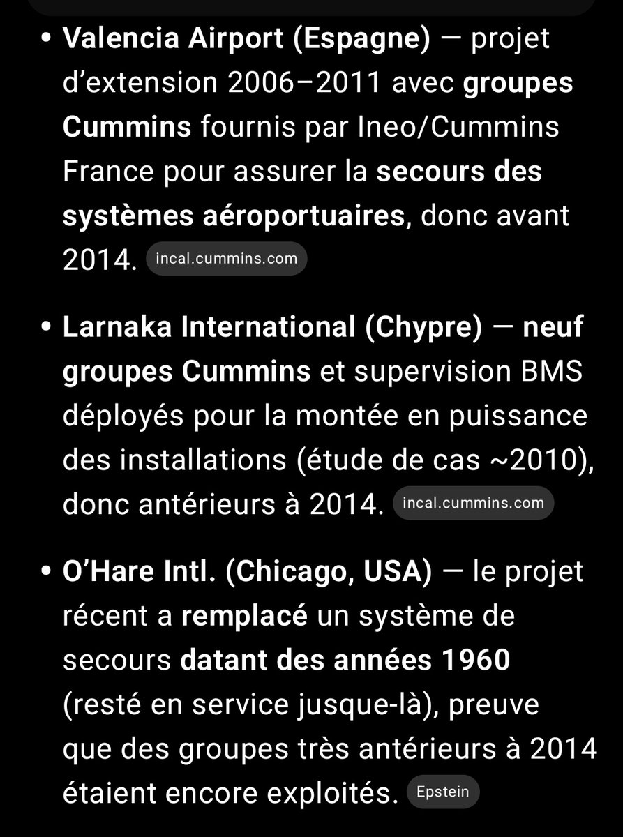 LitsaniChoukran's tweet photo. Non Prof.! Non! Des aéroports à travers les monde fonctionnent avec des groupes datant d'avant 2014: Minneapolis–St. Paul Intl., Valencia Airport, Larnaka International, O’Hare Intl. (Chicago), Tulsa Intl., Columbia Metropolitan. (Il suffit d'une petite recherche, voir les captures ci-jointes). 

Un équipement datant de 2014 ne peut pas raisonnablement être considéré comme obsolète seulement neuf ans plus tard. C’est techniquement incohérent. Les relais et capteurs d’un système ATS (Automatic Transfer Switch) sont conçus pour durer jusqu’à vingt-cinq ans, à condition qu’ils soient correctement entretenus.

Il ne s’agit donc pas d’une question d’âge, mais avant tout de maintenance et de rigueur de suivi. Chercher à qualifier prématurément l’équipement d’obsolète peut donner l’impression que l’objectif est davantage financier que technique, en incitant à un remplacement injustifié.

La vraie question est ailleurs :

Quel programme d’entretien a été mis en place depuis 2014 ?

Quel est le bilan de gestion de cet équipement (pannes, réparations, suivis documentés) ?

Quelles sont les responsabilités en matière de suivi technique et organisationnel ?

Il n'y a obsolescence, il faut  analyser pourquoi on en est arrivé à cette situation et si le problème relève réellement de la technologie… ou d’un manque de gestion sérieuse. Trchnologiquement, les equipes de 2010 fonctionnent ailleurs.